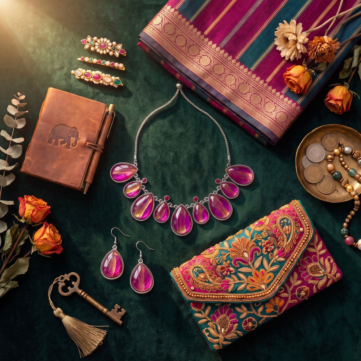 Curated Indian artisan accessories flat lay with statement jewellery embroidered clutch brocade stole and vintage props on emerald velvet