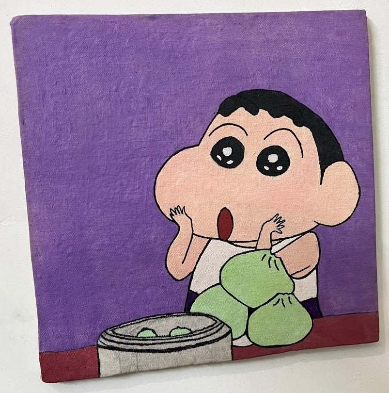 Hand-painted Shin-chan Sleepy Snacker canvas - original artwork on canvas board