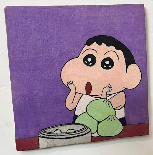 Hand-painted Shin-chan Sleepy Snacker canvas - original artwork on canvas board