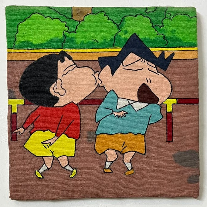 Hand-painted Shin-chan Siblings on Porch canvas - original artwork on canvas board