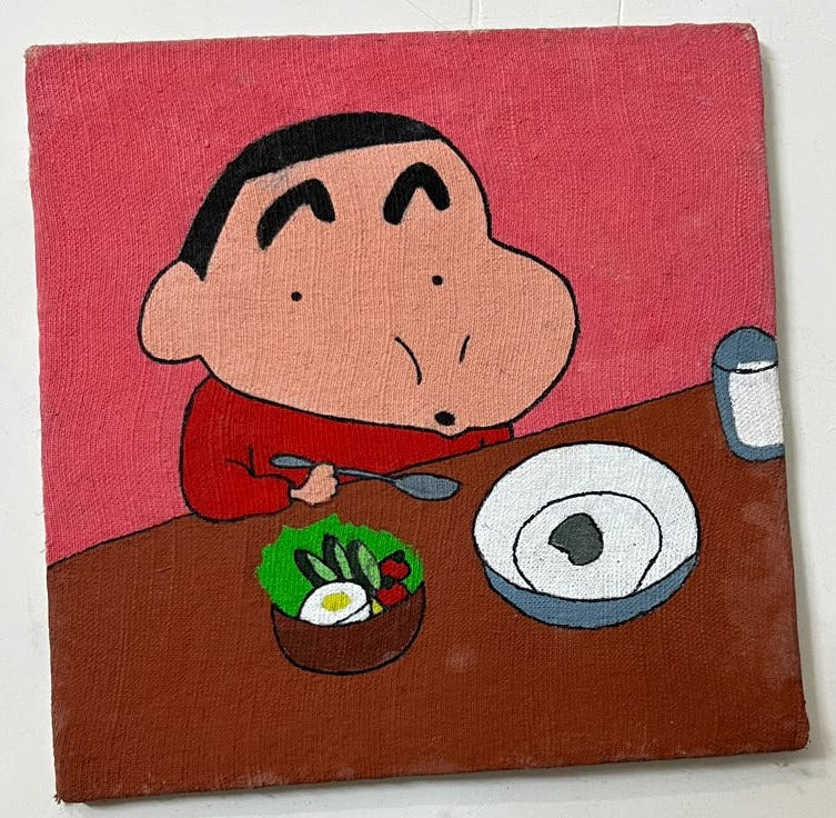 Hand-painted Shin-chan Dinner Time canvas - original artwork on canvas board