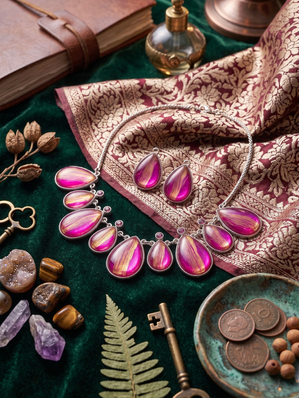 Kyoto magenta-pink teardrop necklace on dark green velvet with brocade silk vintage keys and crystals