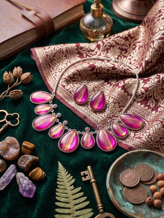 Kyoto magenta-pink teardrop necklace on dark green velvet with brocade silk vintage keys and crystals