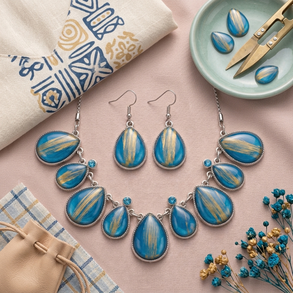 Blue teardrop jewellery set flat lay with accessories