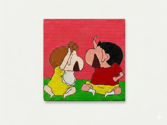 Shin-chan canvas art close-up showing hand-painted brush strokes and detail